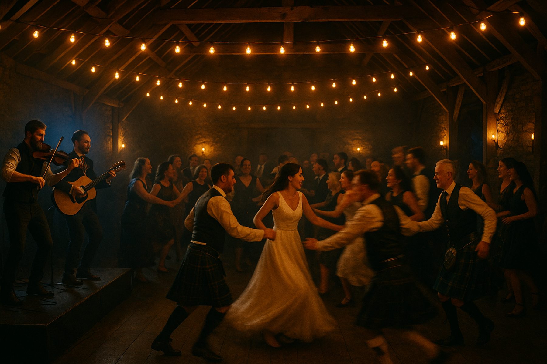 A wedding ceilidh in full swing under festoon lights